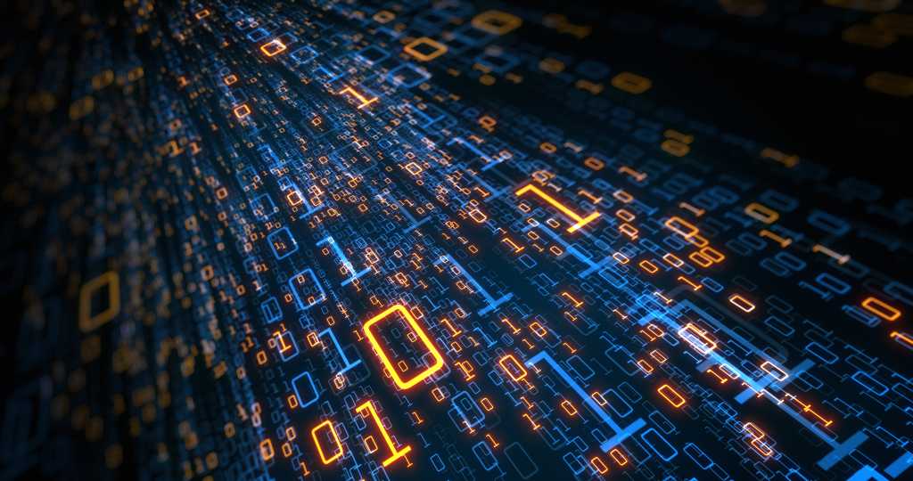 3893387-0-81050800-1743411765-shutterstock_1822122971-1 Digital binary data streaming binary data binary code yellow zeroes and blue ones 0 1 on a dark 3D plane