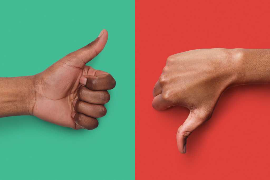 4003742-0-67783400-1749546143-shutterstock_1071286400-100935109-orig-1 Thumbs up, thumbs down. Green and red background.