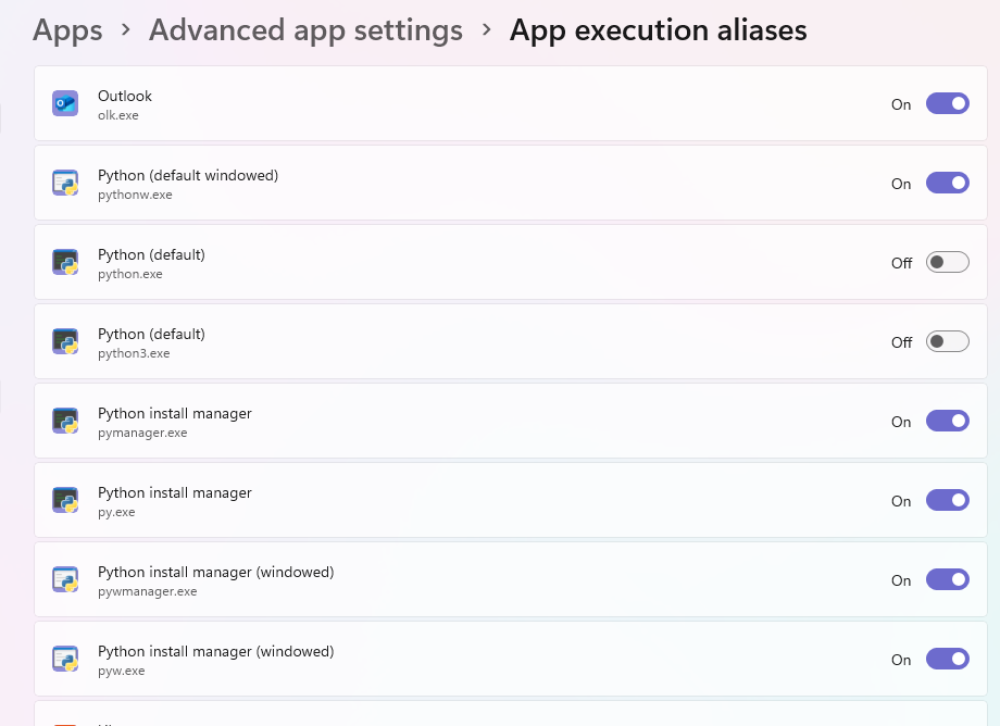 image-1 Windows app execution aliases pane, showing Python aliases.