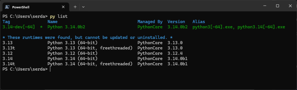 image-4 Python Installation Manager listing versions of installed Python.