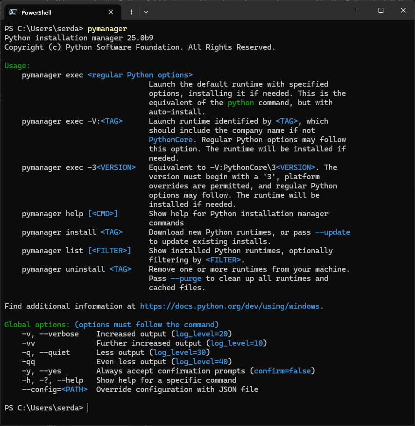 image-8 Running the Python Installation Manager with the "pymanager" alias instead of "py".