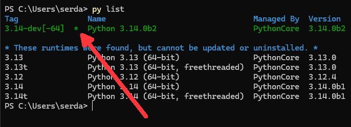 image_1168 The default version of Python (3.14) is shown with an asterisk in the Python Installation Manager..