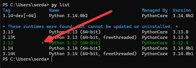image_1171 The new default version of Python (3.12) is shown with an asterisk in the Python Installation Manager.
