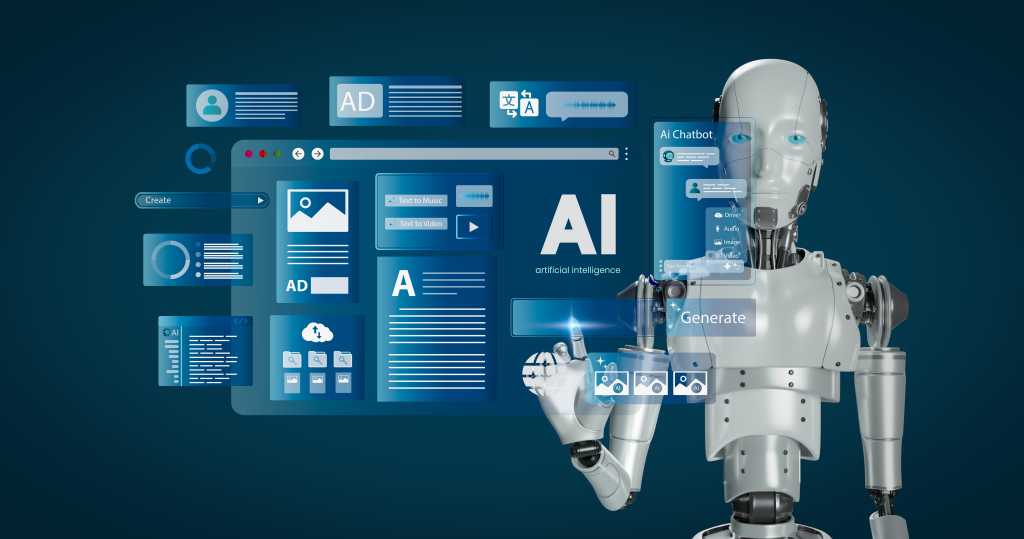 A humanoid robot uses AI-assisted coding tools on a virtual touch screen. AI-generated code, AI code tools.