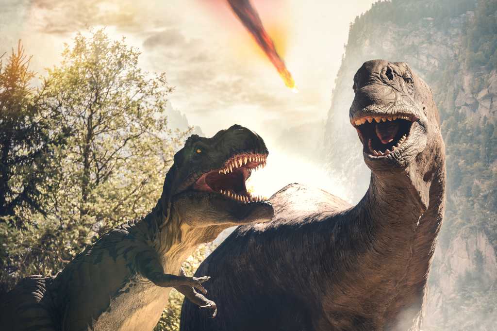 Two dinosaurs before extinction with flaming asteroid falling in the background